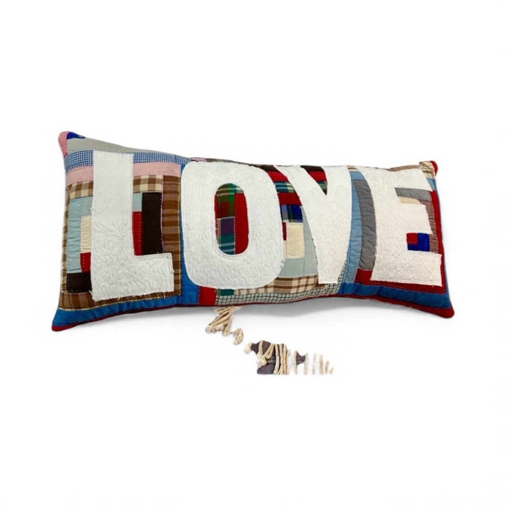 Log Cabin Quilt‎ Up Cycled into a LOVE Pillow with White and Multicolor Design